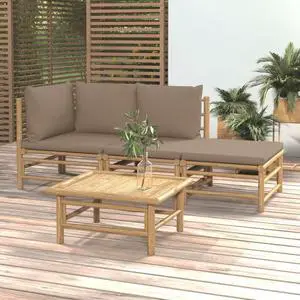 vidaXL Patio Furniture Set 4 Piece Sectional Sofa with Taupe Cushions Bamboo