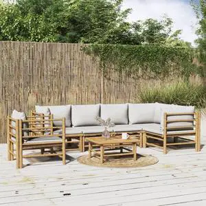 vidaXL Patio Furniture Set 7 Piece Lounge Set with Light Gray Cushions Bamboo