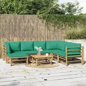 vidaXL Patio Furniture Set 8 Piece Sectional Sofa with Green Cushions Bamboo
