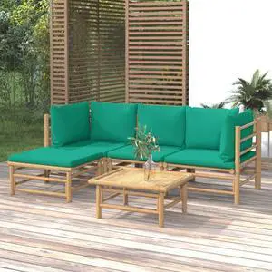 vidaXL Patio Furniture Set 5 Piece Sectional Sofa with Green Cushions Bamboo