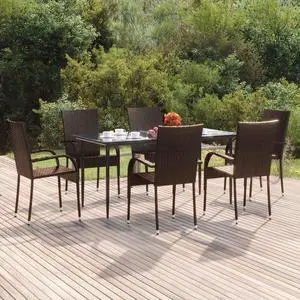 vidaXL Patio Dining Set 7 Piece Rattan Patio Conversation Set Brown Poly Rattan