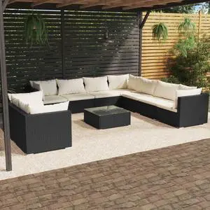 vidaXL Patio Lounge Set 10 Piece with Cushions Black Poly Rattan Furniture