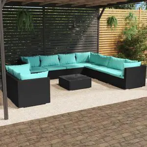 vidaXL Patio Lounge Set 10 Piece with Cushions Black Poly Rattan Garden Seat