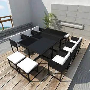 vidaXL Patio Dining Set 11 Piece Outdoor Table and Chairs Poly Rattan Black