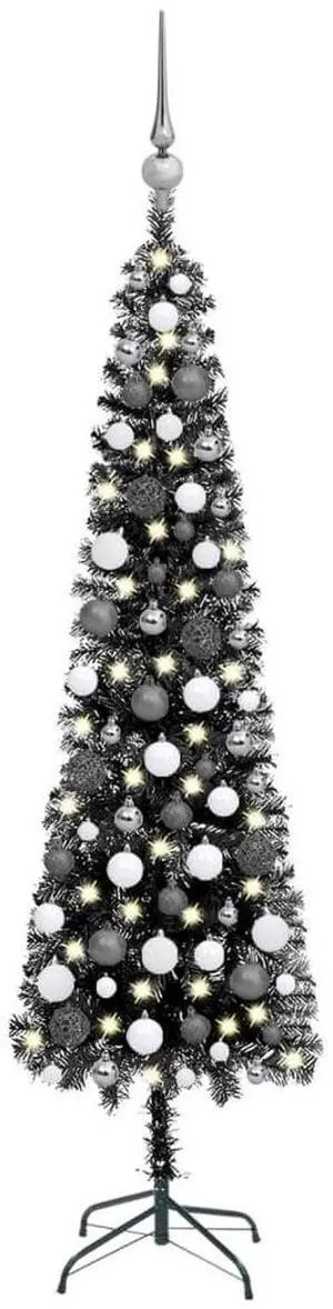 vidaXL Slim Christmas Tree with LEDs&Ball Set Black Holiday Xmas Decoration
