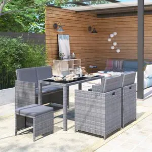 vidaXL Patio Dining Set 6 Piece Table Chair with Cushions Poly Rattan Gray