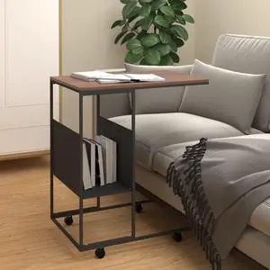 vidaXL Side Table with Wheels C Shaped Sofa End Table Black Engineered Wood