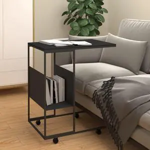 vidaXL Side Table with Wheels C Shaped Sofa End Table Black Engineered Wood