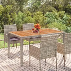 vidaXL Table Outdoor Patio Wicker Side Table with Wooden Top Gray Poly Rattan