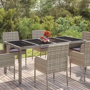 vidaXL Table Outdoor Patio Wicker Side Table with Glass Top Gray Poly Rattan