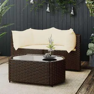 vidaXL Patio Furniture Set 3 Piece Loveseat with Cushions Brown Poly Rattan
