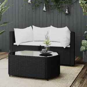 vidaXL Patio Furniture Set 3 Piece Loveseat with Cushions Black Poly Rattan