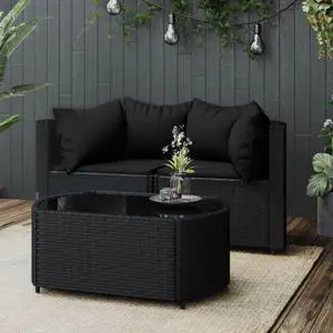 vidaXL Patio Furniture Set 3 Piece Loveseat with Cushions Black Poly Rattan