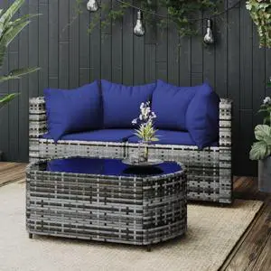 vidaXL Patio Furniture Set 3 Piece Loveseat with Cushions Gray Poly Rattan