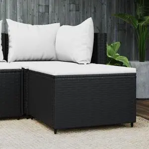 vidaXL Patio Ottoman Patio Wicker Footstool with Cushion Black Poly Rattan