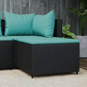 vidaXL Patio Ottoman Patio Wicker Footstool with Cushion Black Poly Rattan