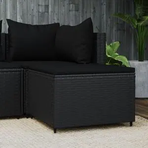 vidaXL Patio Ottoman Patio Wicker Footstool with Cushion Black Poly Rattan