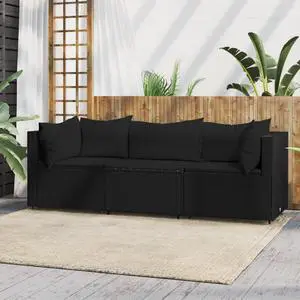 vidaXL Patio Furniture Set 3 Piece Patio Sofa with Cushions Black Poly Rattan
