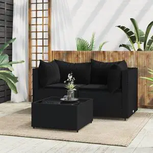 vidaXL Patio Furniture Set 3 Piece Loveseat Sofa with Cushions Black Poly Rattan