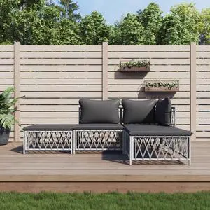 vidaXL Patio Furniture Set 4 Piece Sectional Sofa with Cushions White Steel