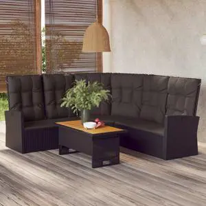 vidaXL Patio Furniture Reclining Sectional Sofa with Cushions Black Poly Rattan