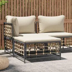 vidaXL Outdoor Footstool Patio Ottoman Foot Rest with Beige Cushion Poly Rattan
