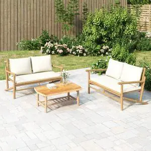 vidaXL Loveseat Garden Bench Loveseat Chair with Cream White Cushions Bamboo