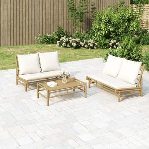 vidaXL Patio Furniture Set 2 Piece Loveseat with Cream White Cushions Bamboo