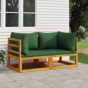 vidaXL Outdoor Loveseat 2 Pcs Couch with Green Cushions Solid Wood Acacia