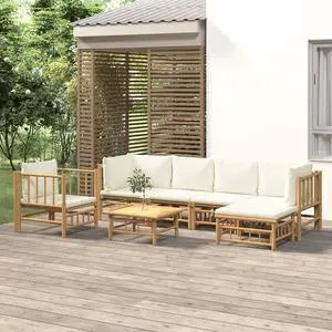 vidaXL Patio Furniture Set 7 Piece Lounge Set with Cream White Cushions Bamboo