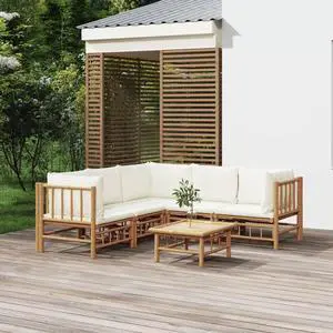 vidaXL Patio Furniture Set 6 Piece Lounge Set with Cream White Cushions Bamboo