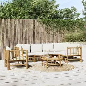 vidaXL Patio Furniture Set 7 Piece Lounge Set with Cream White Cushions Bamboo
