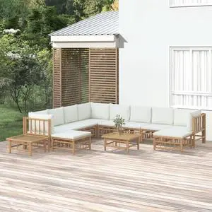 vidaXL Patio Furniture Set 12 Piece Loveseat with Cream White Cushions Bamboo vidaXL Patio Furniture Set 12 Piece Loveseat with Cream White Cushions Bamboo