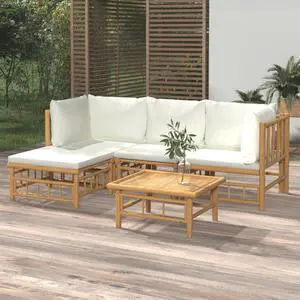 vidaXL Patio Furniture Set 5 Piece Lounge Set with Cream White Cushions Bamboo