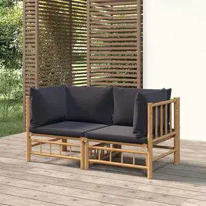 vidaXL Patio Loveseats 2 Pcs Sectional Sofa with Dark Gray Cushions Bamboo