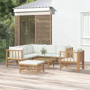 vidaXL Patio Furniture Set 8 Piece Lounge Set with Cream White Cushions Bamboo