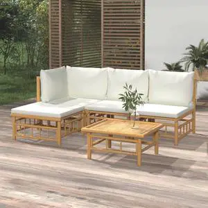 vidaXL Patio Furniture Set 5 Piece Lounge Set with Cream White Cushions Bamboo