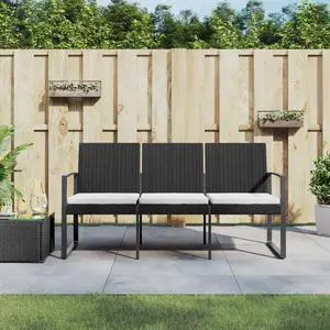 vidaXL Outdoor Bench 3-Seater Bench with Cushions for Porch Deck Black PP Rattan