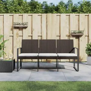 vidaXL Outdoor Bench 3-Seater Bench with Cushions for Porch Deck Brown PP Rattan