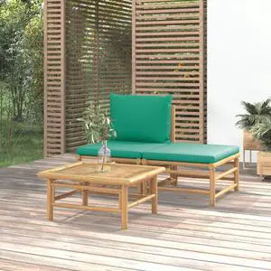 vidaXL Patio Furniture Set 3 Piece Sectional Sofa with Green Cushions Bamboo