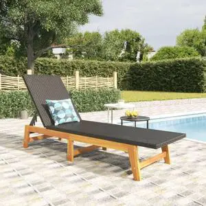 vidaXL Sun Lounger Patio Black and Brown Poly Rattan and Solid Wood Acacia