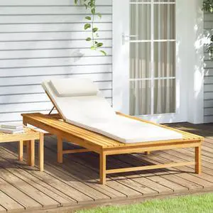 vidaXL Sun Lounger Chair with Cream White Cushion and Pillow Solid Wood Acacia vidaXL Sun Lounger Chair with Cream White Cushion and Pillow Solid Wood Acacia
