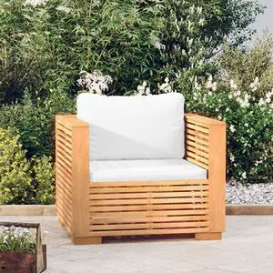 vidaXL Patio Single Sofa Chair Outdoor Chair with Cream Cushions Solid Wood Teak