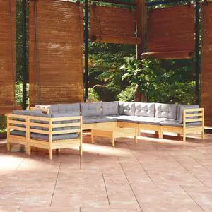 vidaXL Solid Pinewood Patio Lounge Set 10 Piece with Gray Cushions Garden Sofa