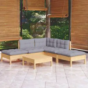 vidaXL Solid Pinewood Patio Lounge Set 6 Piece with Gray Cushions Garden Sofa