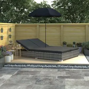 vidaXL Patio Lounge Bed Outdoor Lounger Chair with Umbrella Poly Rattan Gray