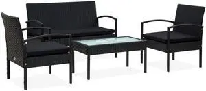 vidaXL Patio Furniture Set 4 Piece Outdoor Sofa with Cushions Poly Rattan Black