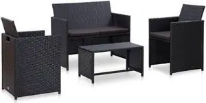 vidaXL Patio Furniture Set 4 Piece Loveseat Sofa with Cushions Poly Rattan Black