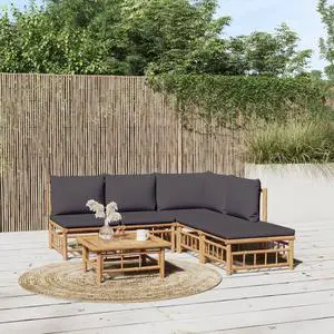 vidaXL Patio Furniture Set 6 Piece Sectional Sofa with Dark Gray Cushions Bamboo