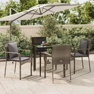 vidaXL Patio Dining Set with Cushions Seat 5 Piece Black and Gray Poly Rattan